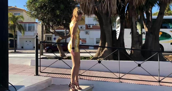  Outdoors Shiny Manyvids Golden Outdoor Nudity Heels Iviroses High Flashing Minidress In Public