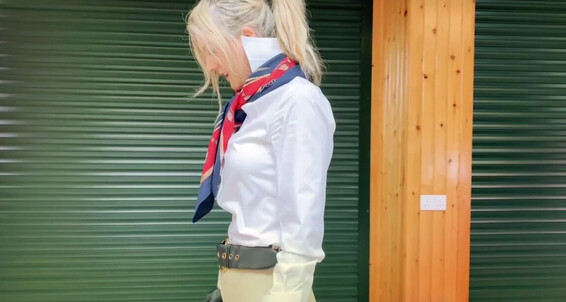 Dominascarlet - Cream Length Boo Manor Pvc Jodhpurs My In Scarf Silk White Stables High Shirt The At Collar Thigh